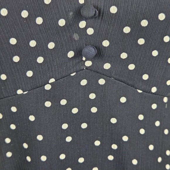 DKNY Size 4 Navy Blue Midi Dress White Polka Dots Vneck Sheer Ruched Sleeves - Picture 4 of 15